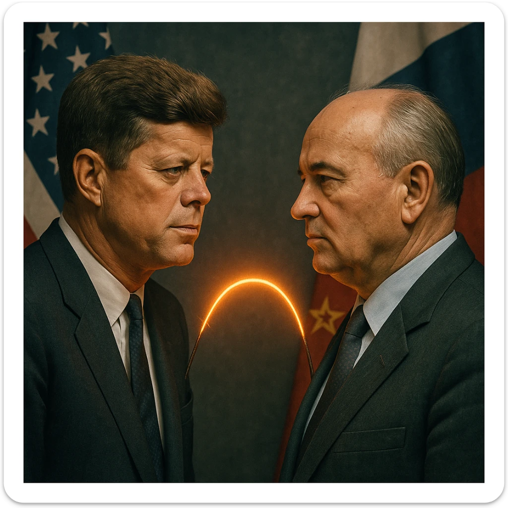 realistic portrait of John F. Kennedy and Mikhail Gorbachev with a glowing hot wire between them, US and Russian flags, Cold War context sticker