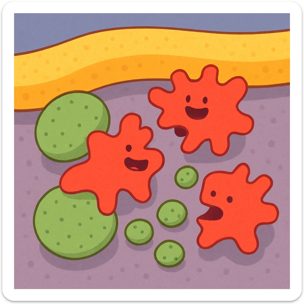 A realistic really detailed of enzymes (red) breaking down starch (green) near a cell membrane (yellow). Macro photography style. No labels. sticker