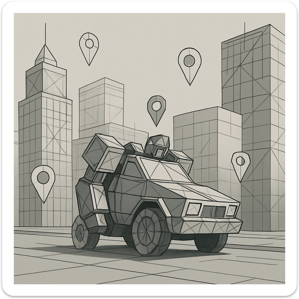 A robot disguised as a car drives through a city of skyscrapers, parts of the scene rendered as wireframes, digital waypoints indicating a simulated world sticker