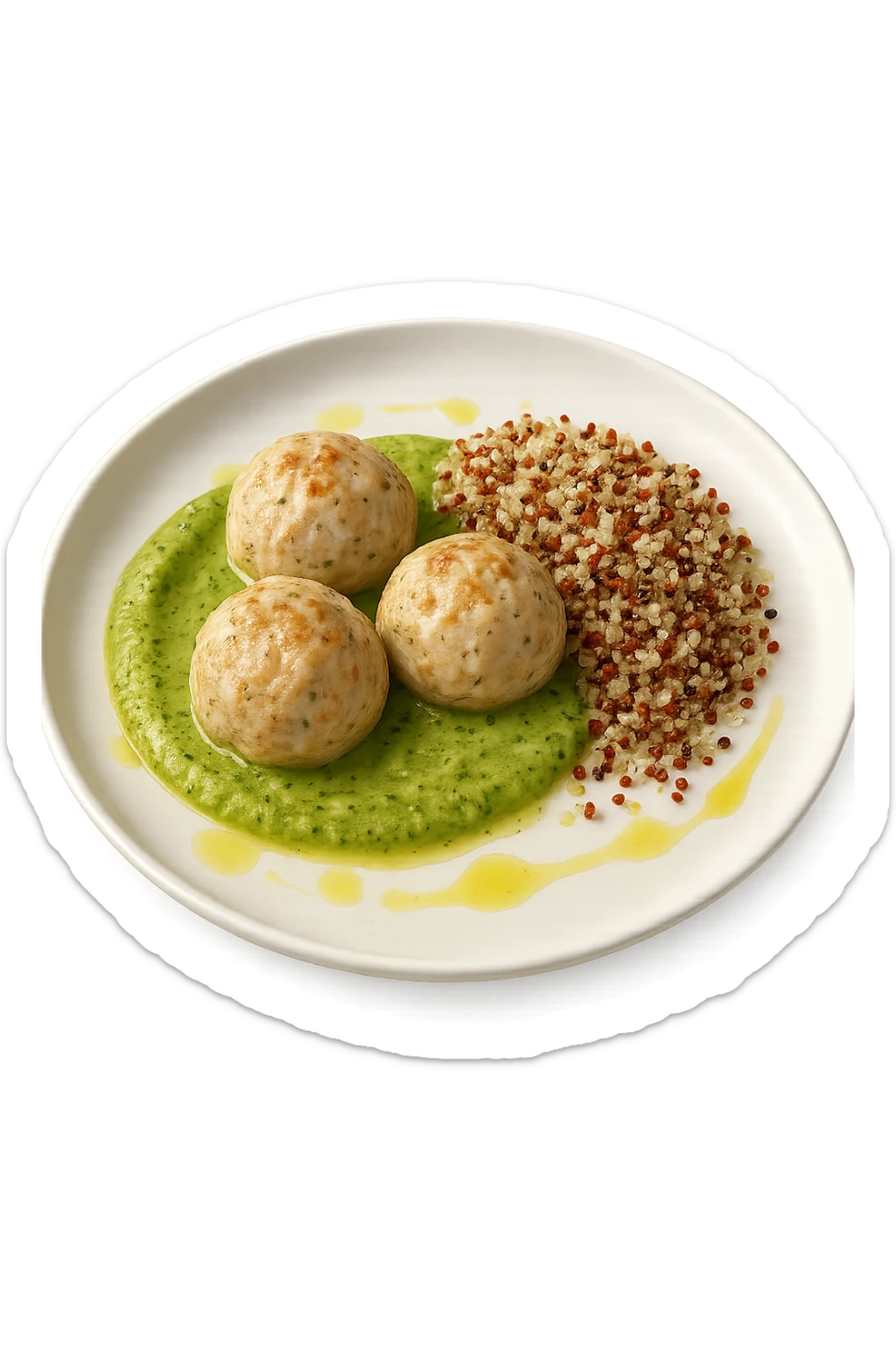 polpette di tacchino, purè di zucchine, quinoa e olio di oliva, iperrealistico 4k sticker