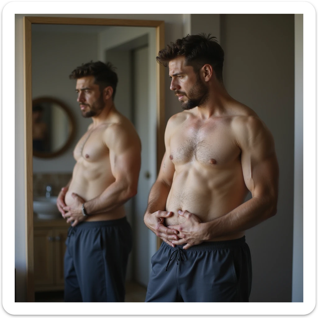 30-year-old man in sportswear looking at himself in the mirror with a frustrated expression, touching his belly, domestic environment, hyperrealistic details, 4K resolution sticker