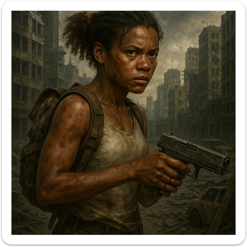 Add a city ruins background behind the African American masculine girl in zombie apocalypse style. She has a scar, wears a white tank top, a backpack, and carries a gun. Preserve all character details. The style should reflect a zombie apocalypse atmosphere. sticker