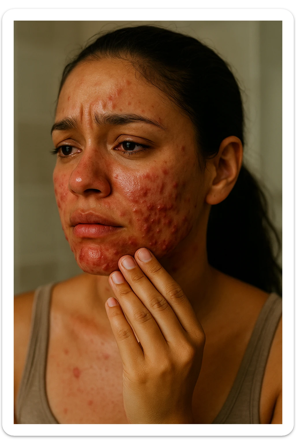 A highly realistic, cinematic portrait of a young woman in her late 20s with medium skin tone, showing visibly inflamed, deep cystic acne along her jawline, cheeks, and chin. Her skin appears red and irritated around the acne nodules, with noticeable swelling and tenderness, illustrating the painful nature of cystic acne linked to PCOS. Her facial expression shows discomfort and emotional distress, with slightly teary eyes as she gently touches an inflamed area on her jawline with her fingertips. Her hair is pulled back to clearly show the acne areas, and her skin has a slightly oily texture due to androgen-related sebum overproduction. The environment is a softly lit bathroom with neutral daylight, emphasizing the skin texture, redness, and deep acne. The style is realistic, 35mm cinematic photography with warm, neutral tones, soft shadows, and clear skin detail, providing a compassionate yet direct visualization of PCOS-related cystic acne sticker