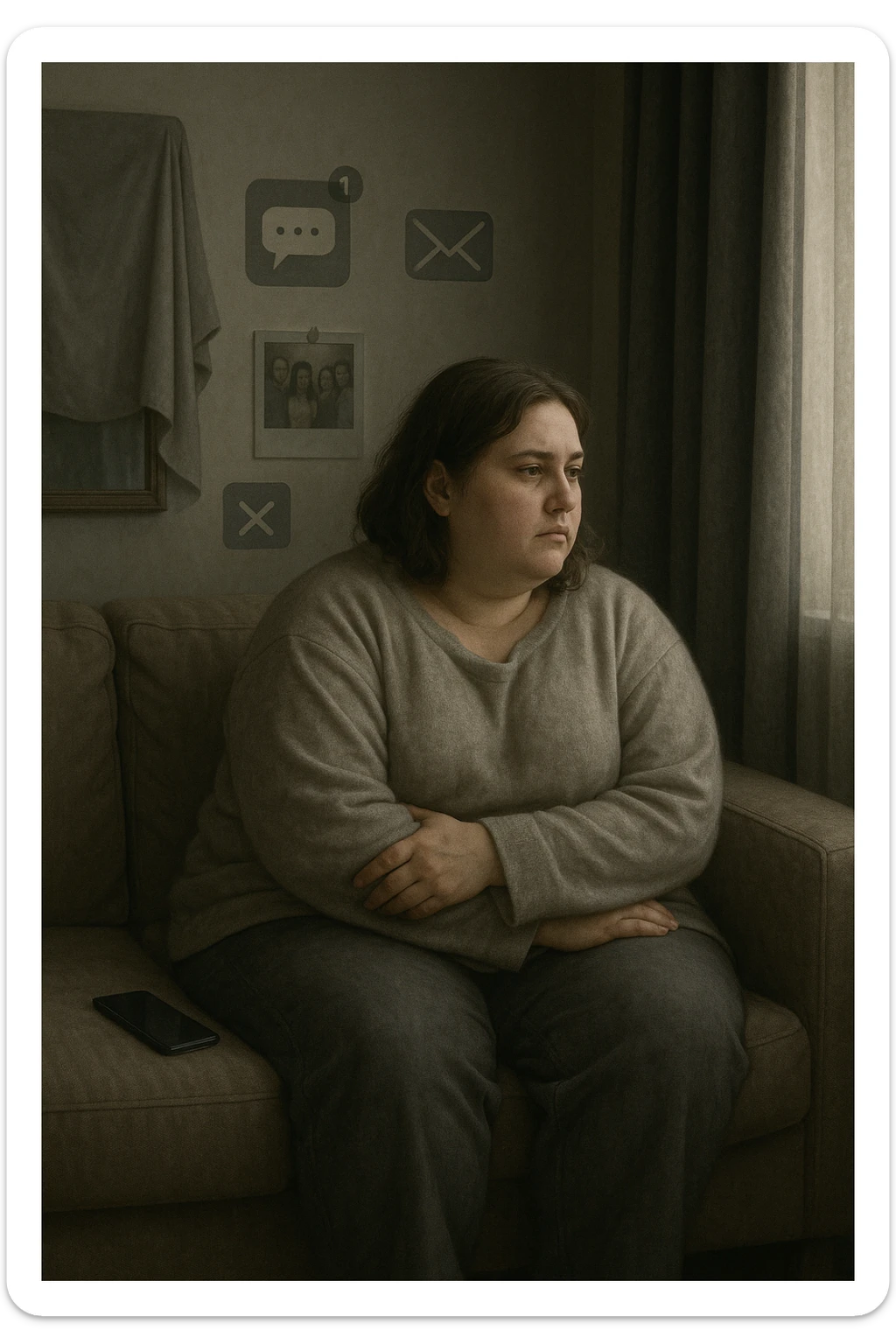 Donna tra i 30 e i 40 anni seduta sola su un divano, con espressione malinconica e corpo visibilmente appesantito. Indossa abiti larghi, avvolgenti, e guarda fuori dalla finestra mentre il telefono è spento o con notifiche ignorate accanto a lei. Sullo sfondo, si notano segnali di vita sociale assente: messaggi non letti, inviti ignorati, foto di gruppo a cui non partecipa. L’atmosfera è silenziosa, con luce grigia e ambiente spento. Intorno a lei, simboli di ritiro e insicurezza: tende chiuse, specchio coperto, postura chiusa. Stile realistico, tono delicato ed emotivo sticker