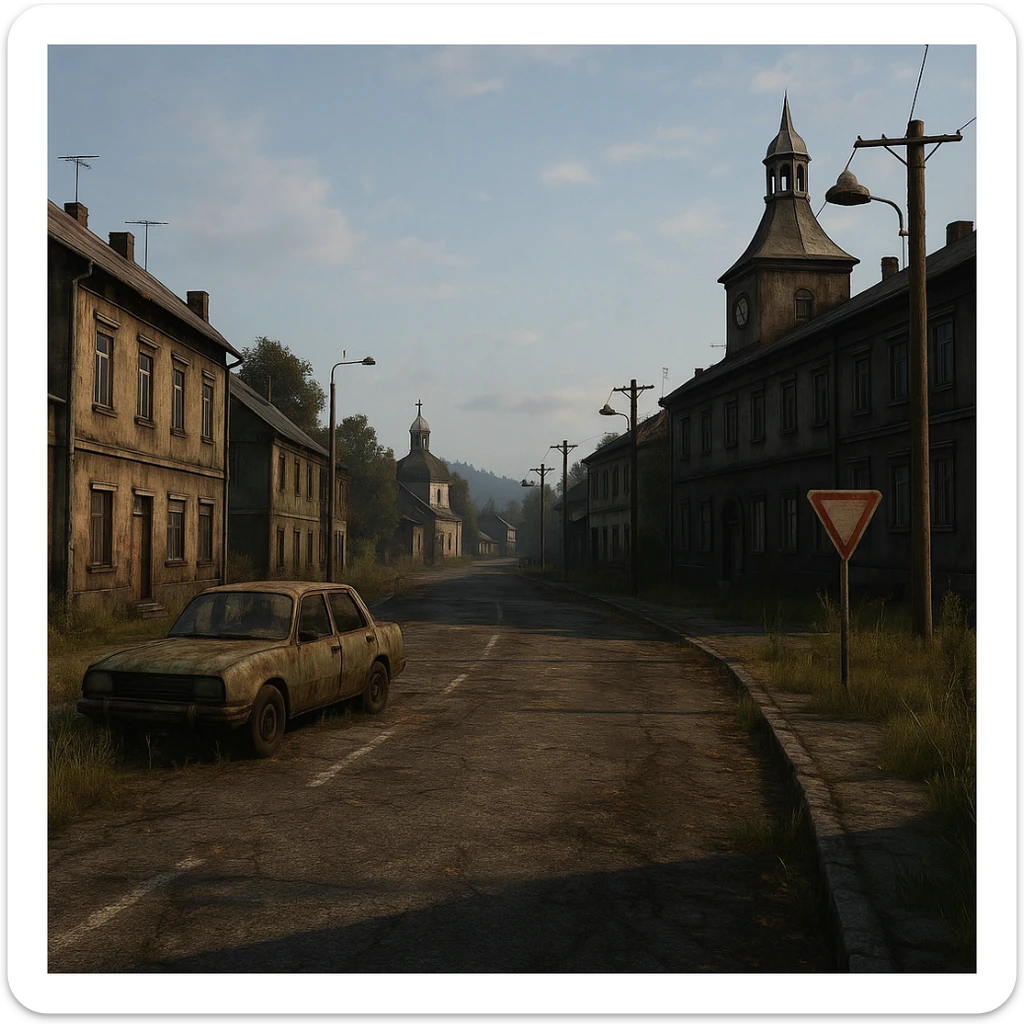 a view of the city street in a videogame: DayZ - in the town of berezino [no text contained in the image] sticker