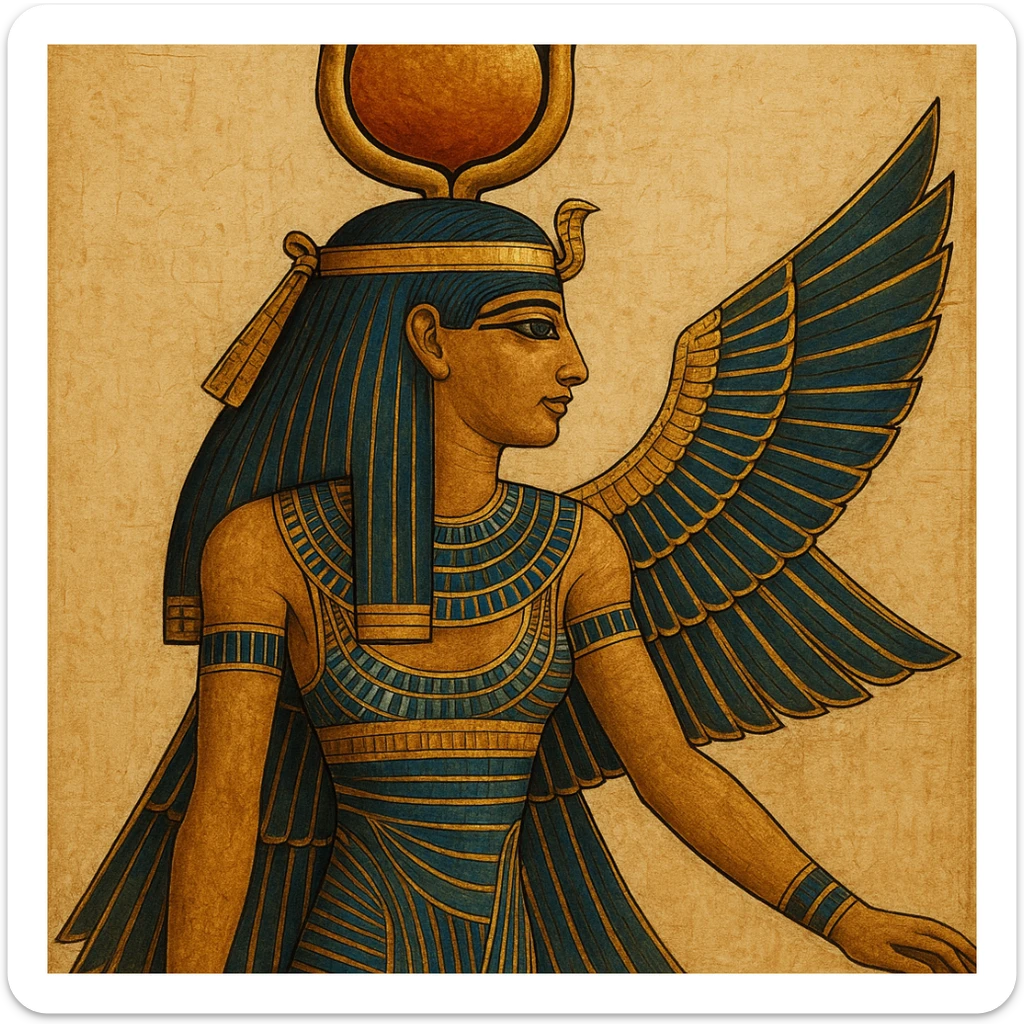 Egyptian goddess Isis with iconic headdress, ancient Egyptian style, gold and blue accents, elegant and mystical sticker