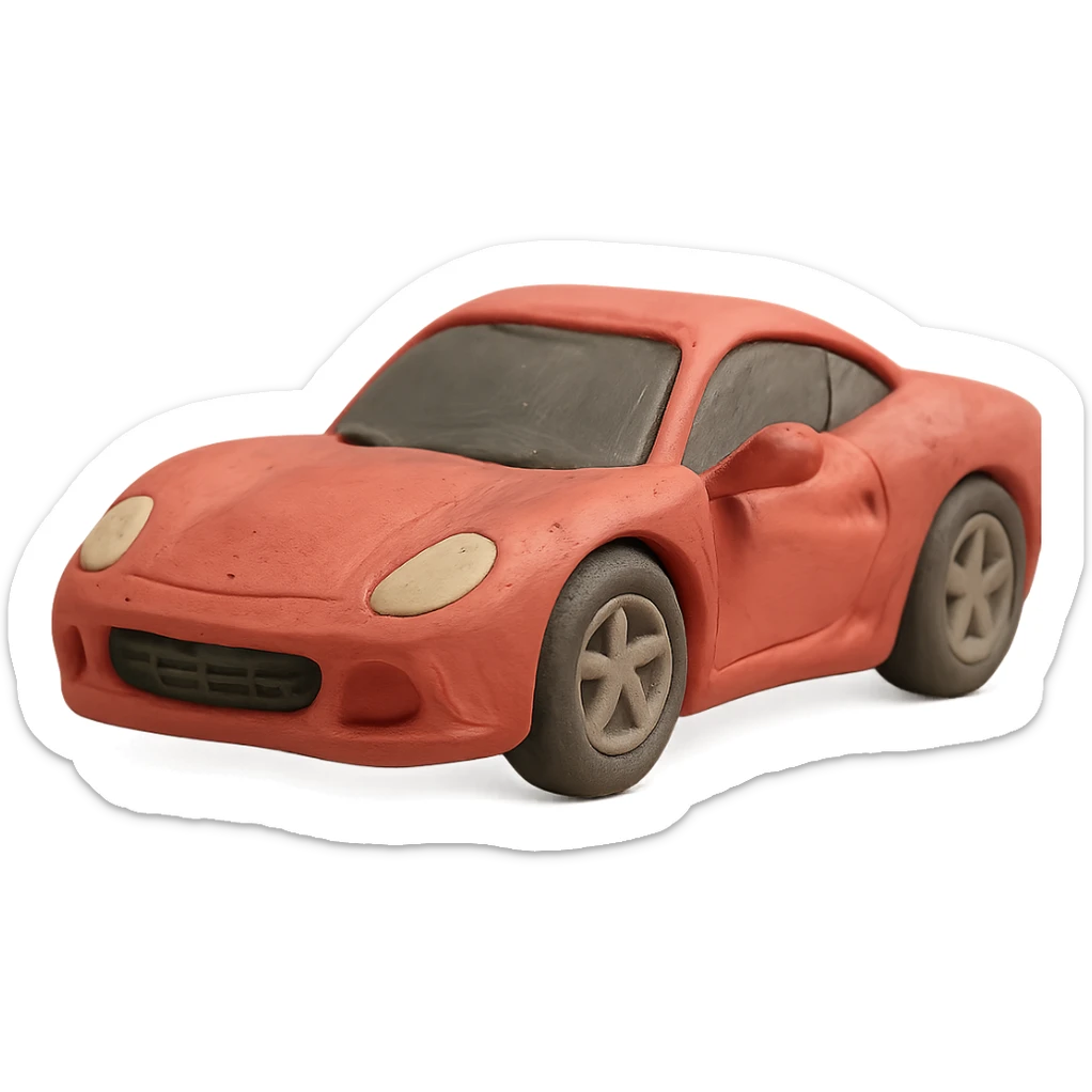 claymation style Ferrari sports car with visible fingerprints and pastel red color sticker
