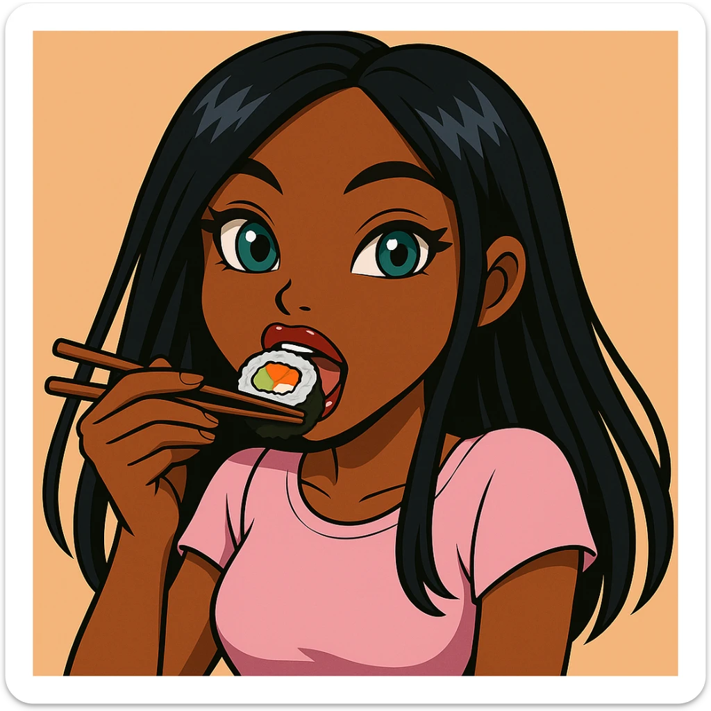 Change the pose to a 20-year-old anime Bratz style woman with dark skin, straight hair, trendy outfit, big expressive eyes, glossy lips, no hat, no tears, happy expression, both eyes open, looking straight ahead, eating a California roll with chopsticks, headshot only. sticker
