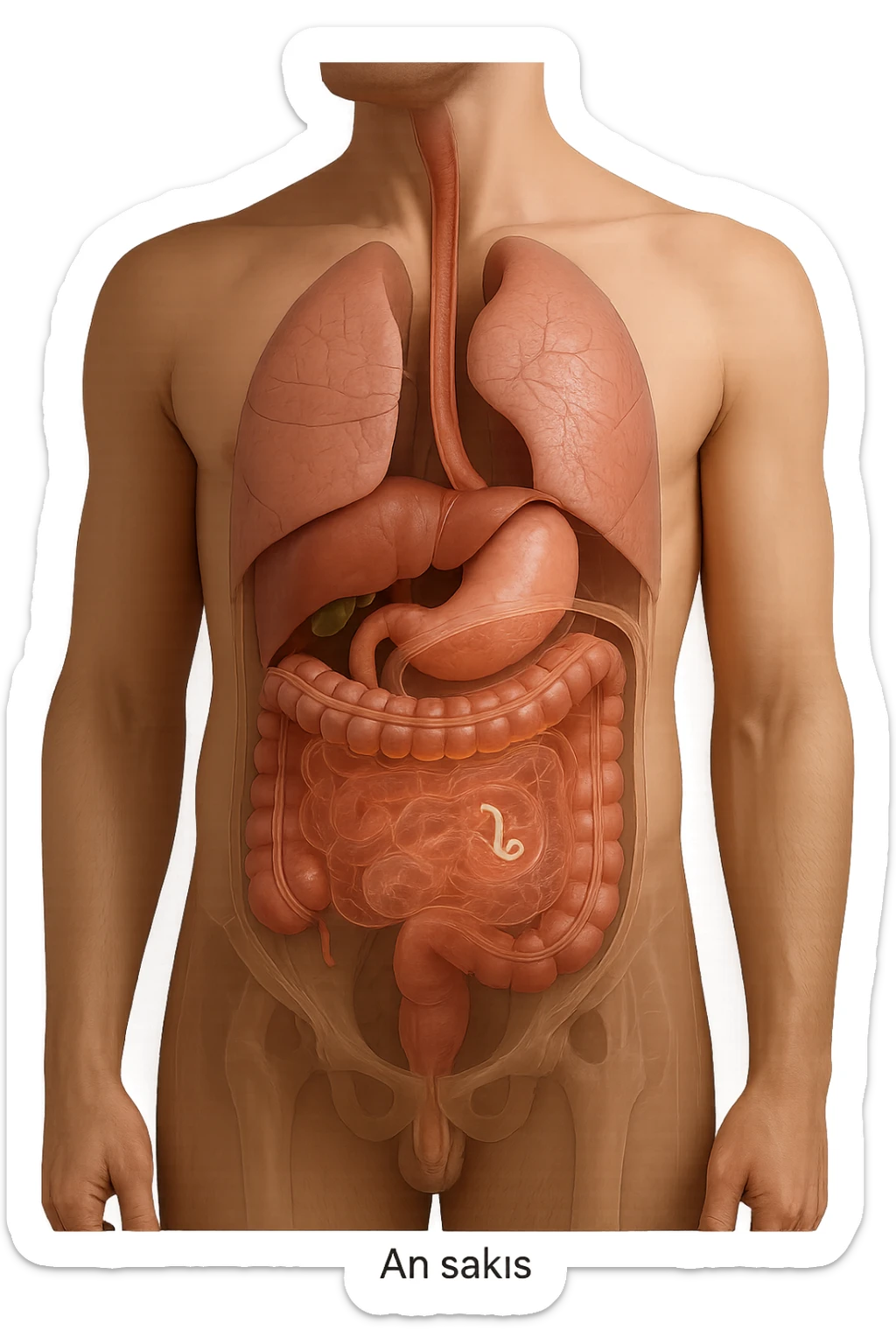 a 3D cutaway view of the human digestive tract, showing an Anisakis larva attached to the intestinal wall. in a man sticker