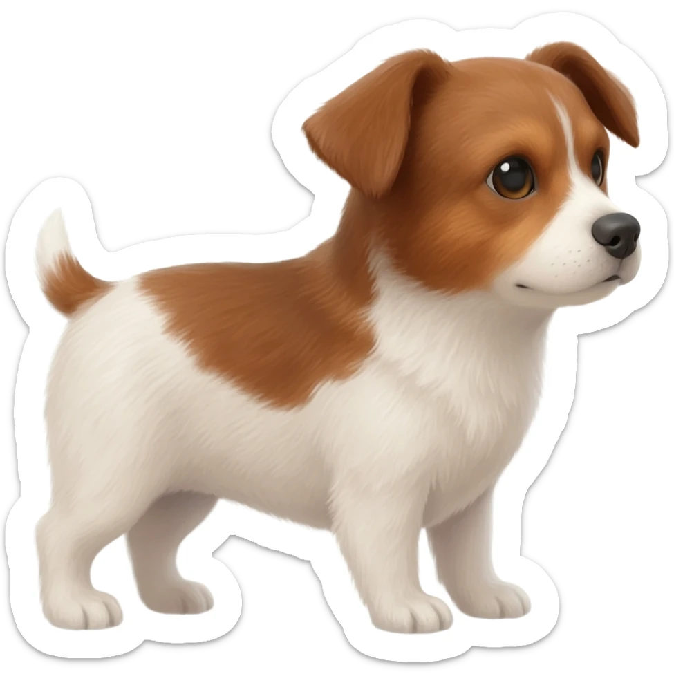 Crea un emoji de un perrito marrón con blanco con las orejas puntiagudas pero caídas sticker