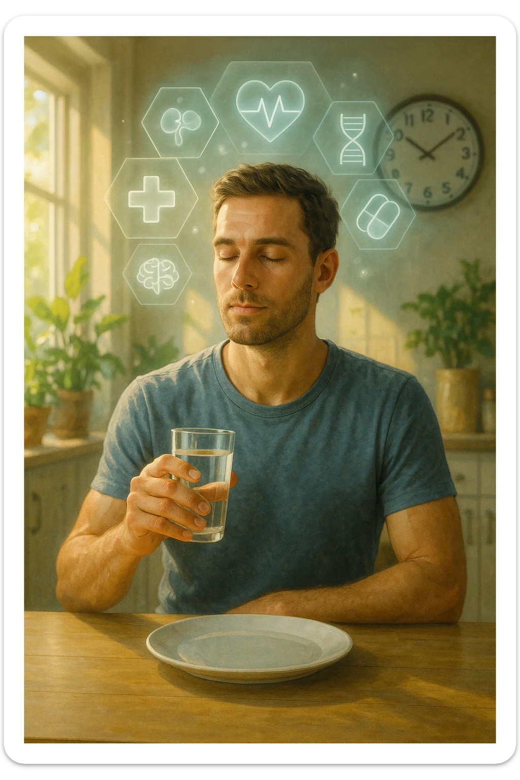 A realistic, cinematic illustration of a healthy, calm man in his early 30s sitting in a bright kitchen in the morning, with an empty plate in front of him and a glass of water in his hand, looking serene and focused. Behind him, the background shows subtle symbols of health: green plants, sunlight streaming in, and a blurred wall clock showing 10:00, symbolizing the fasting window. Above the man, a translucent overlay of medical icons (heart, brain, DNA strand) glows softly, illustrating that intermittent fasting acts as a powerful medicine, not merely a diet. The color palette is fresh and natural, emphasizing health, clarity, and focus. The style is realistic with slight cinematic tones, conveying that the man is using intermittent fasting as a tool for cellular regeneration, inflammation reduction, and health optimization rather than weight loss sticker