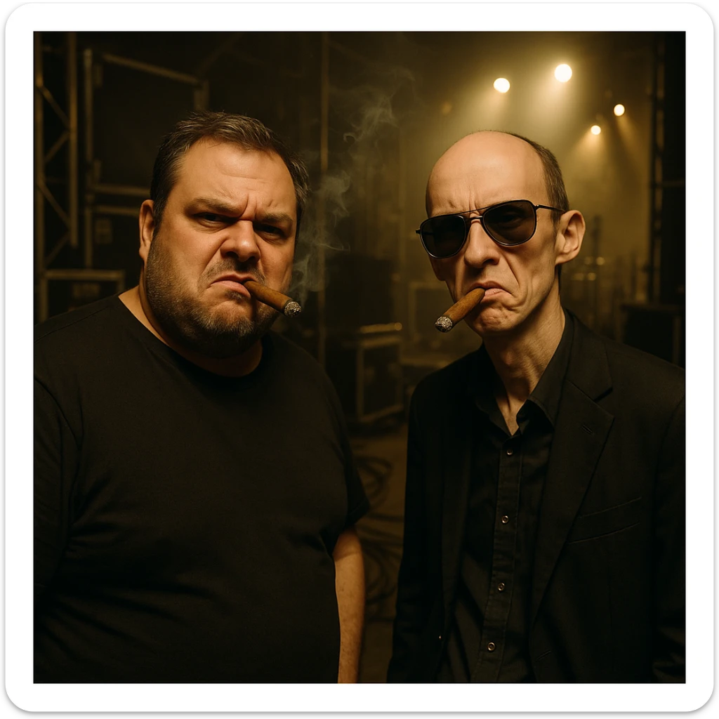 Par de personas que trabajan en la industria musical (hombre robusto de 40 años y otro hombre flaco calvo y con lentes de sol), parados conversando en el backstage de un concierto, con aires de superioridad, mientras se fuman un cigarro, mientras miran a la cámara (músico) de forma despectiva y burlona sticker