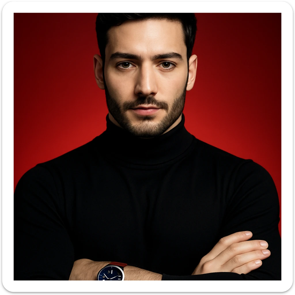 Create an ultra-realistic, high-detail, 4K editorial portrait of the person in the reference image. Emphasize sharp features, flawless fair skin, sleek black hair, and a black turtleneck. The person has arms crossed and wears a wristwatch with a blue dial and brown strap. The background is a bold red gradient with dramatic cinematic lighting. The composition is symmetrical and minimal. This is variation 8. sticker