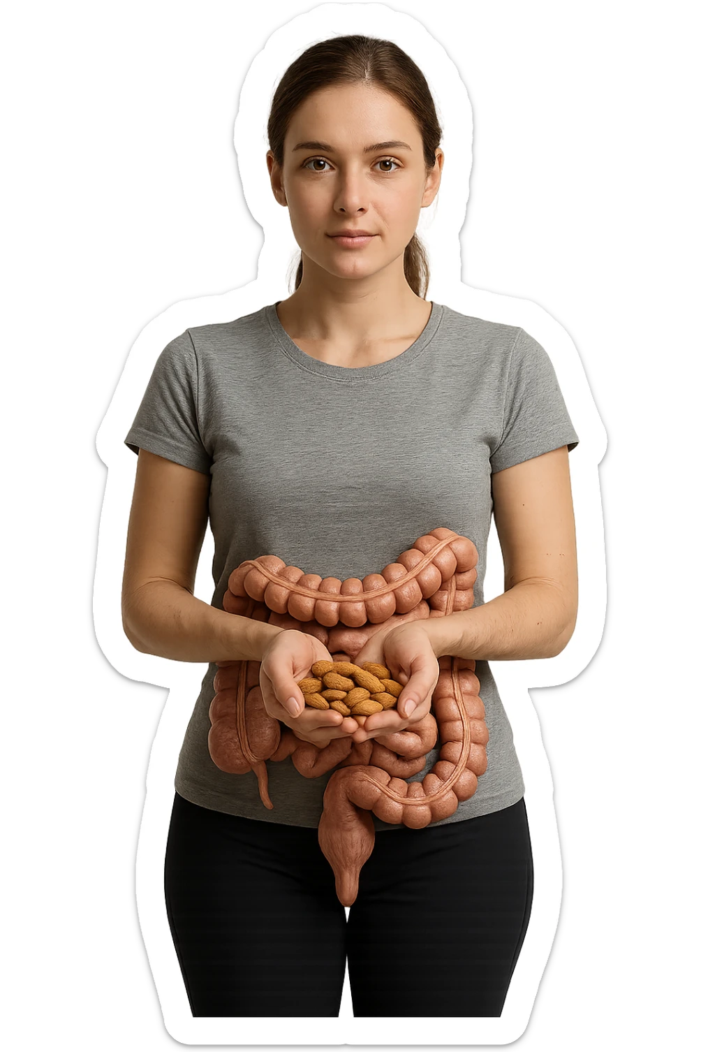 DONNA REALISTICA IN PIEDI CON INTESTINO UMANO ANATOMICO IN EVIDENZA CHE TIENE UNA MANCIATA DI MANDORLE NELLE MANI, iperrealistico 4k, SFONDO BIANCO sticker