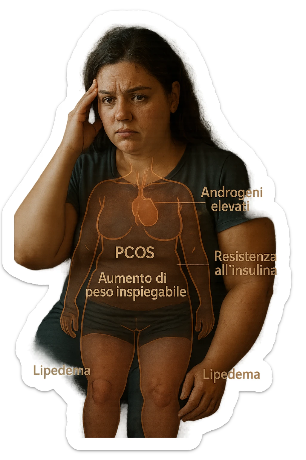 cinematic realistic in italiano Woman with PCOS struggling with hormonal chaos, transparent overlay showing elevated androgens and insulin resistance affecting her body, lipedema causing disproportionate fat accumulation in legs and arms despite normal torso, expression of frustration with unexplained weight gain, medical charts showing complex endocrine dysfunction, painful swollen limbs contrasting with metabolic confusion in italiano sticker