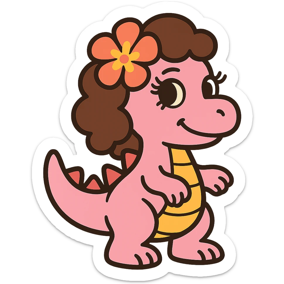 pastel pink dinosaur with brown curly hair, a Hawaiian flower in her hair, brown eyes, and long eyelashes, vibrant illustration style sticker