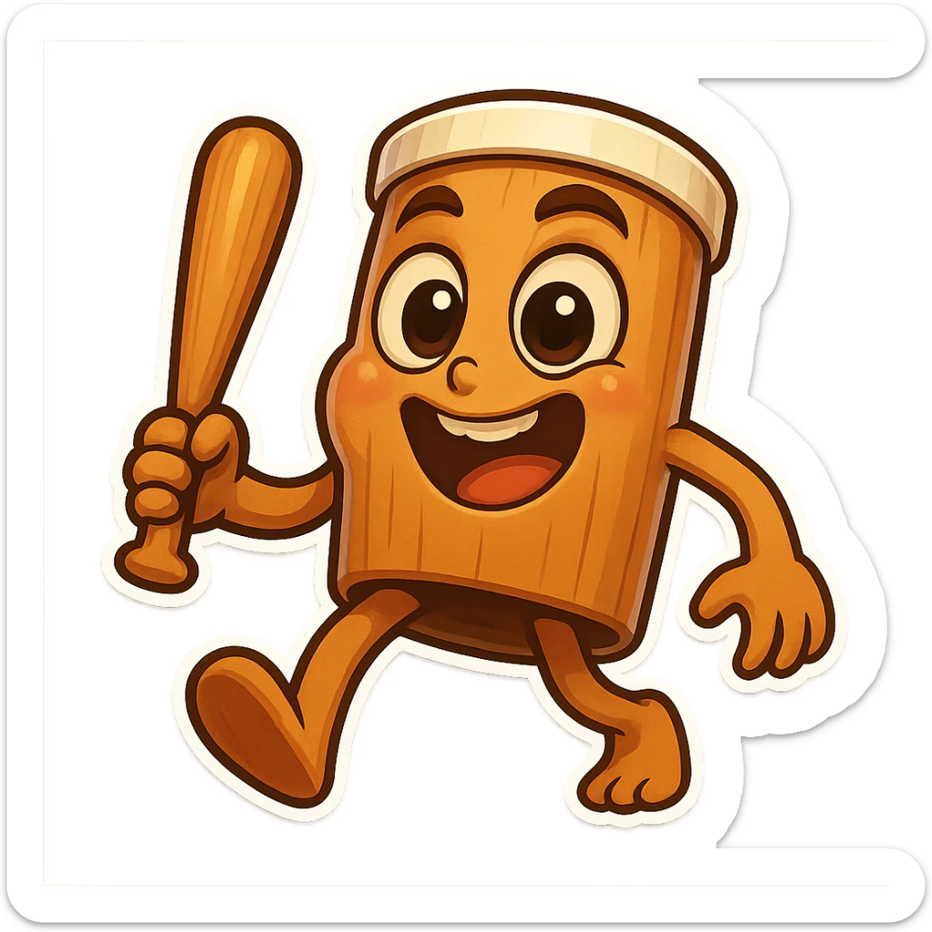 chibi emoji of Tun Tun Suhoor, wooden stick body with smooth brown texture, drum-like cylindrical body, holding baseball bat, cartoon style, bright vivid colors, expressive face, dynamic pose, a bit creepy yet funny,  sticker