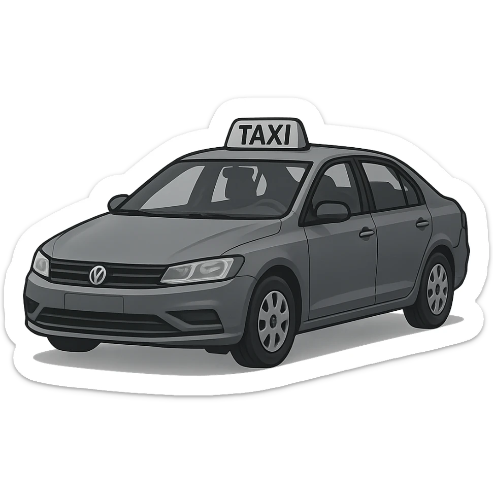 A gray or blue taxi car with roof-mounted 'TAXI' sign, no yellow color on vehicle or sign sticker