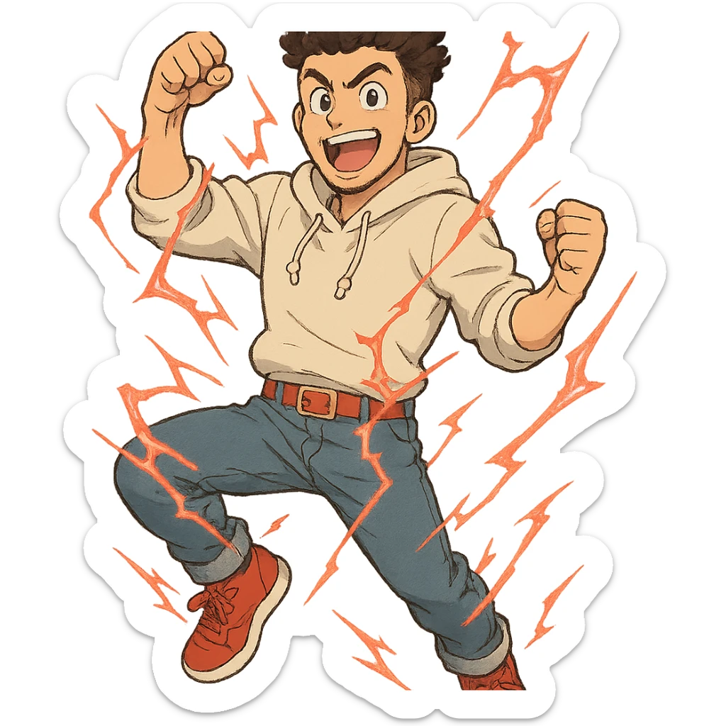 1 male, mid fade haircut dark chestnut brown curly hair, toasted lightskin, white hoodie sleeves up, fashion jeans, red fashion-sneakers shoes, red belt, short trimmed beard and goatee,  style of deku from "my hero academia" doing a "heck yeah!" exclaimation pose with red electricity sticker