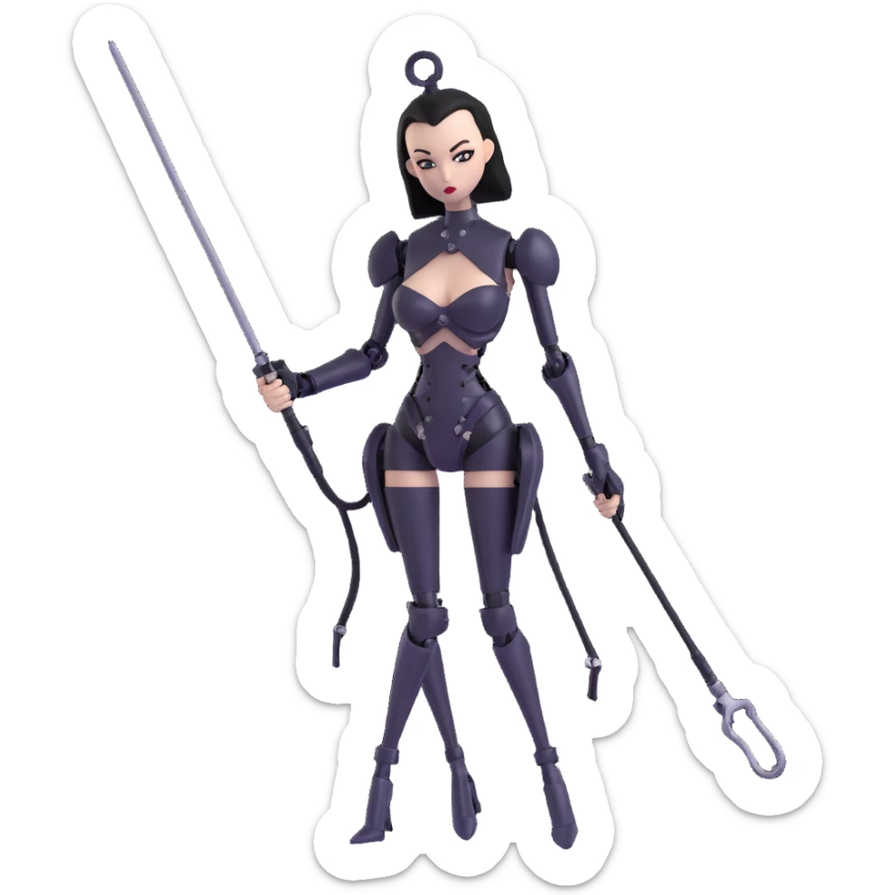 playful emoji of a slender female robot dominatrix, black metal, with a whip sticker