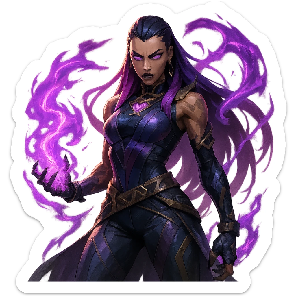 Reyna from Valorant, fierce stance, purple energy, detailed, iconic look, game character, dynamic lighting sticker