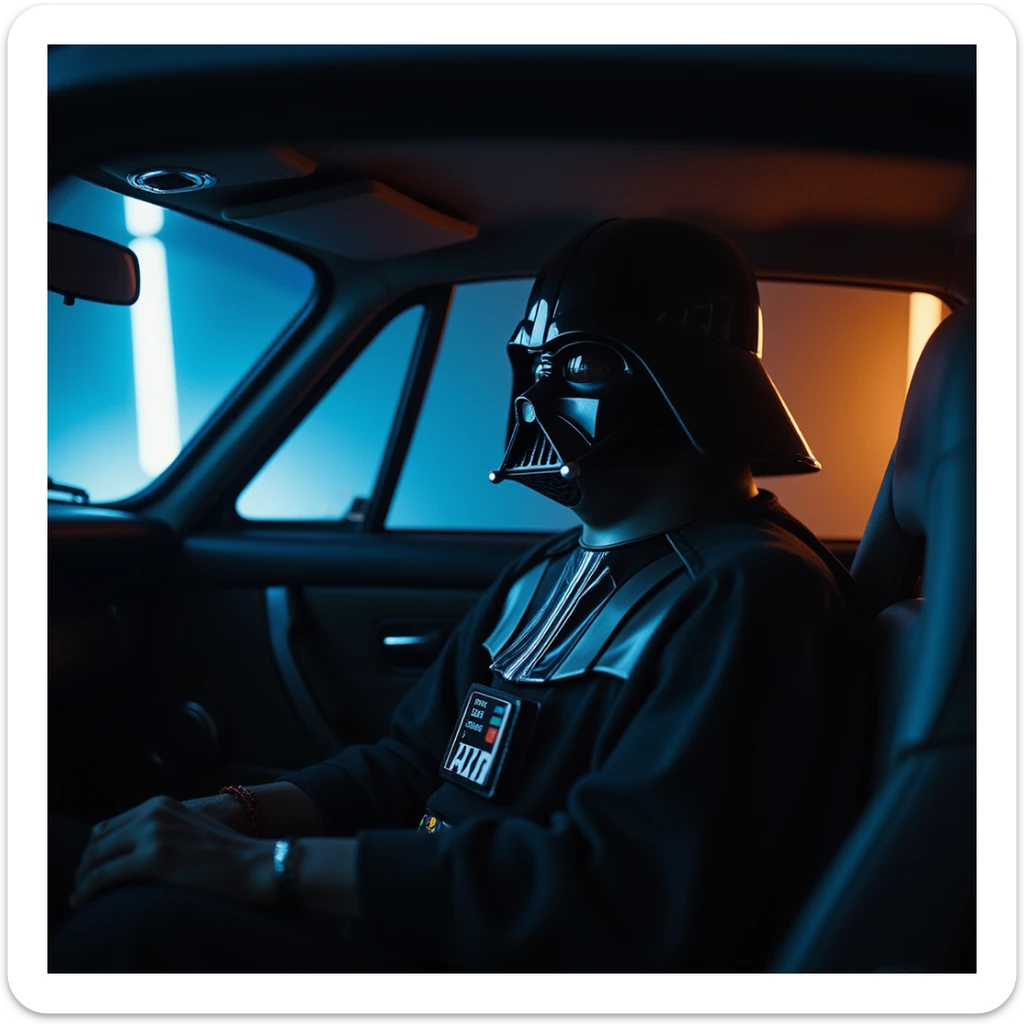 Cinematic shot of a Darth vader sitting in porsche 911, blue and orange lights, full car shot sticker