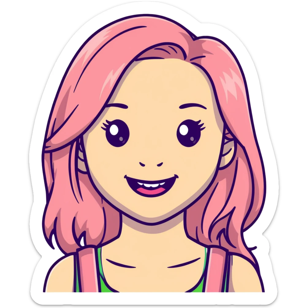 Young girl with pale skin, full pink lips smiling, blonde reddish long hair, big brown eyes with a hint of green, big mouth sticker