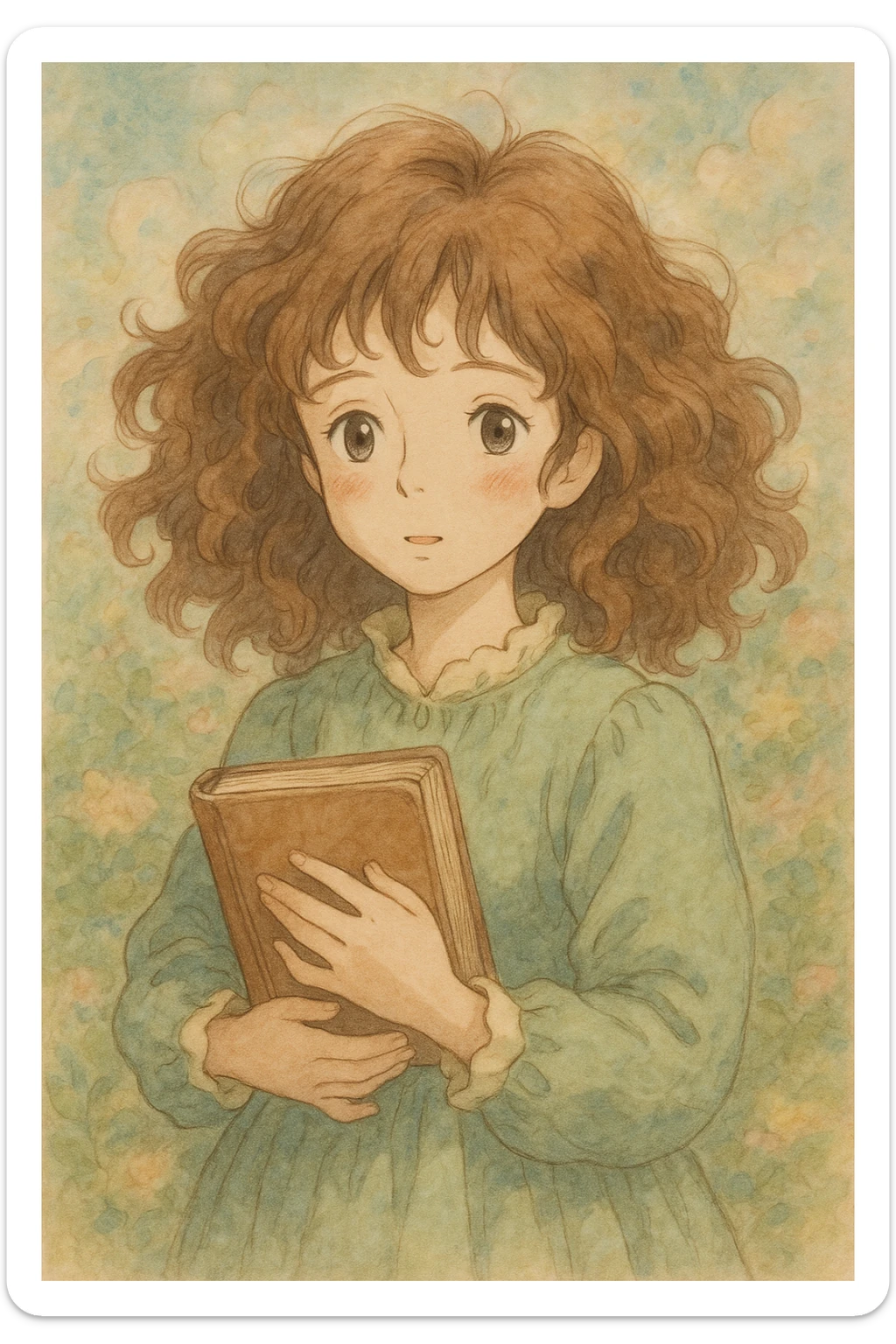 girl with brown curly hair and a book, ghibli style sticker