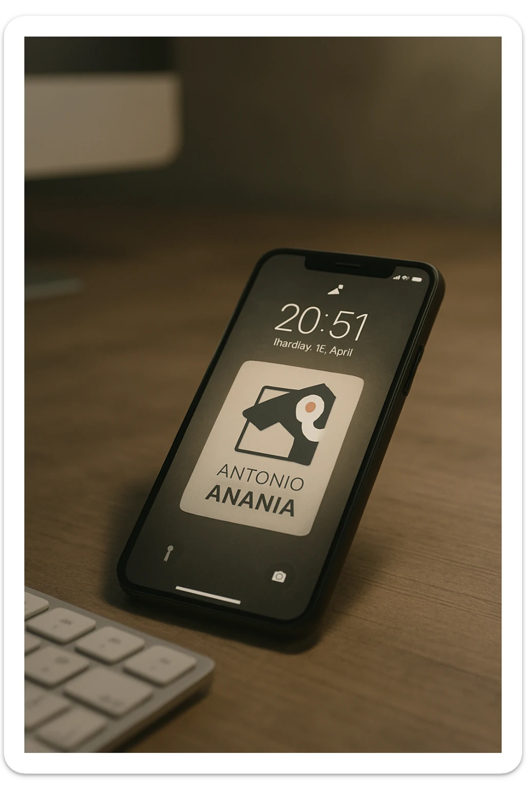 A photo of an iPhone with the message "Antonio Anania" on its screen, The phone sits atop a desk with a blurred background that suggests work environment. A faint glow from above casts gentle shadows across the surface of each object, creating depth and highlighting their textures. sticker