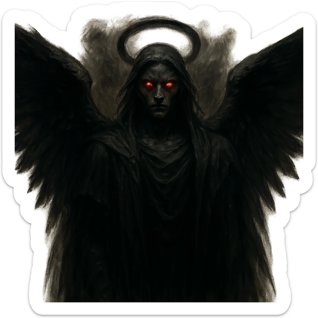 A dark angel with glowing red eyes and a dark halo, in a dark, supernatural fantasy style. sticker