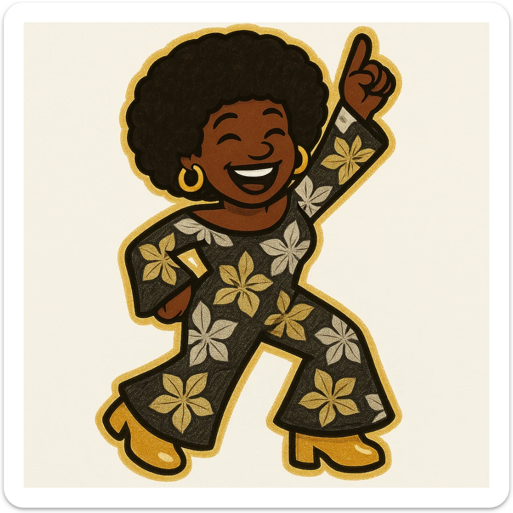 Create a 1970s disco emoji of a female African American in a classic disco dance pose. She has an afro hairstyle, joyful expression, and wears a 70s jumpsuit using only gold, silver, black, and white colors. The style is vibrant and pop colors icon style. sticker