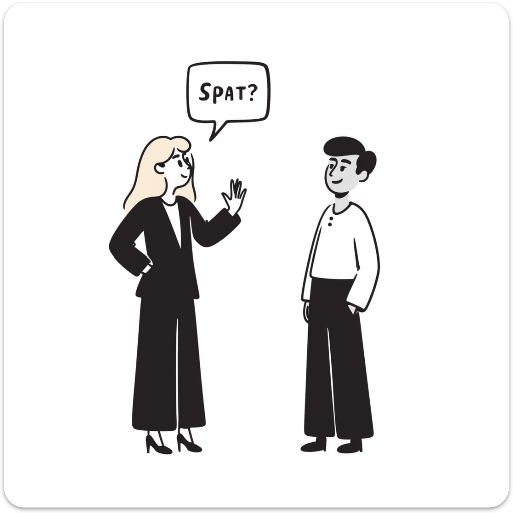 A blonde woman in a black suit talking to a brown-haired man in a white t-shirt. The woman has a speech bubble above her head. The woman is talking and the man is smiling. sticker