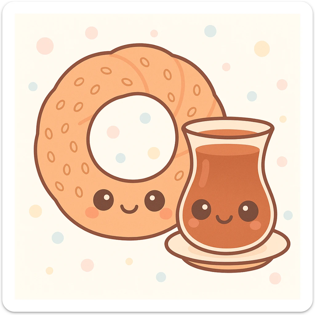 Add a traditional Turkish tea glass next to the simit, keeping the cute kawaii cartoon style. sticker