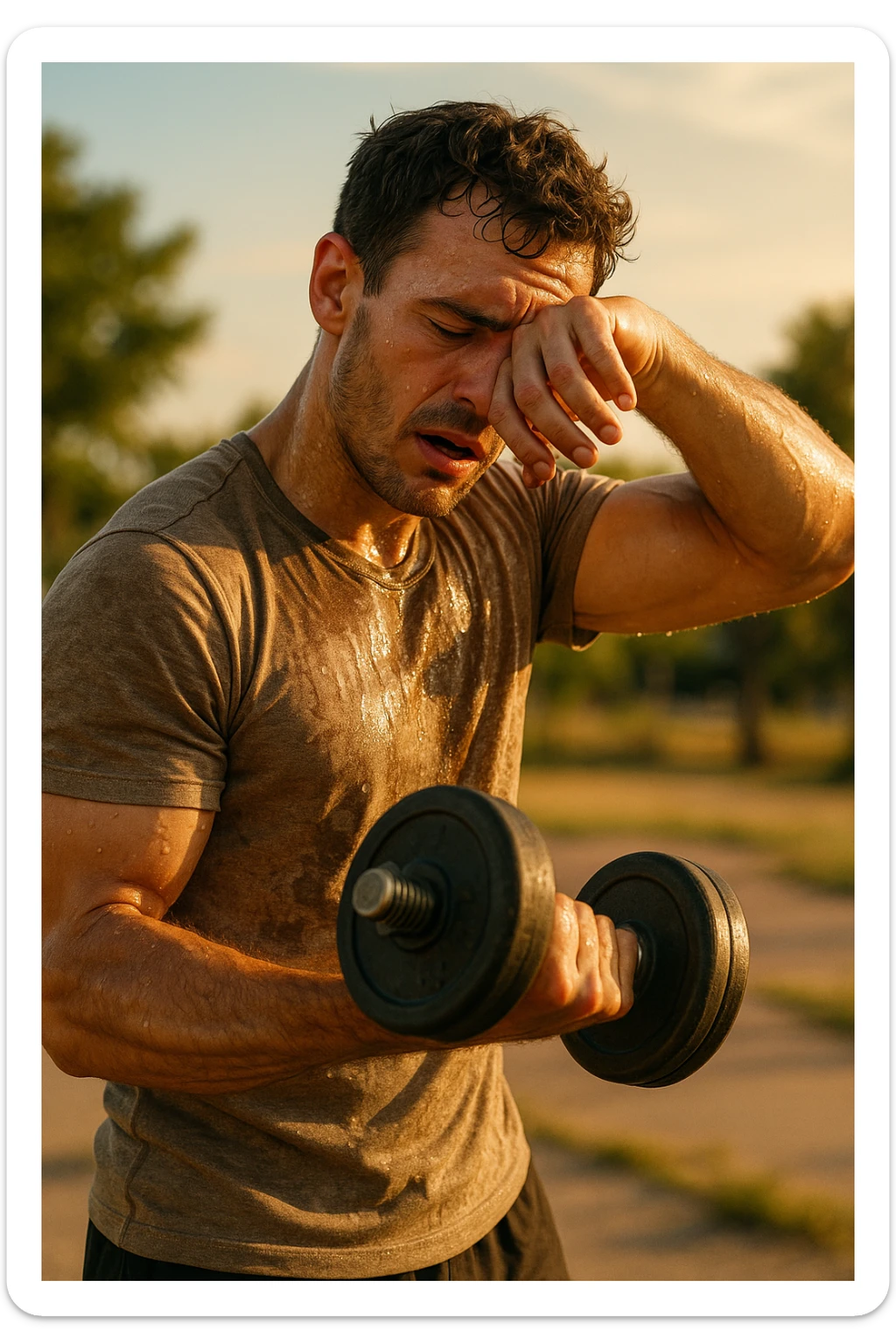 uomo fitness che si allena in estate, tutto sudato, con una mano fa un curl manubri mentre con l'altra mano si asciuga il sudore dalla fronte, espressione affaticata in volto sticker