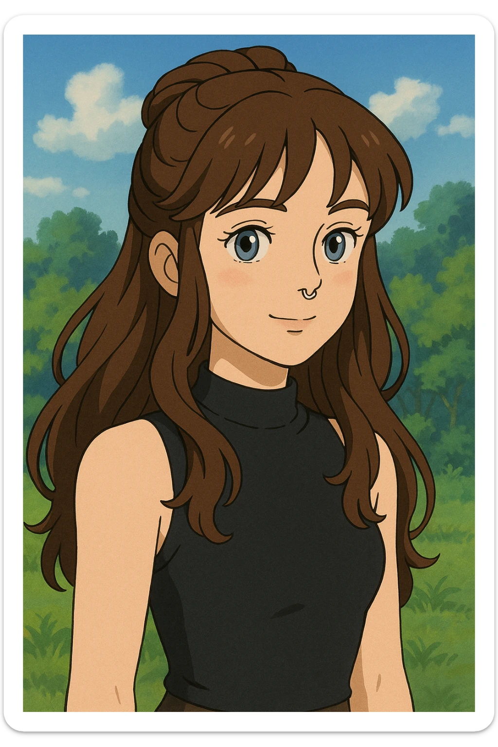 a woman with brunette half-up long wavy hair, blue-grey eyes, wearing a black high neck tank top, and a septum piercing, clean illustrative style sticker