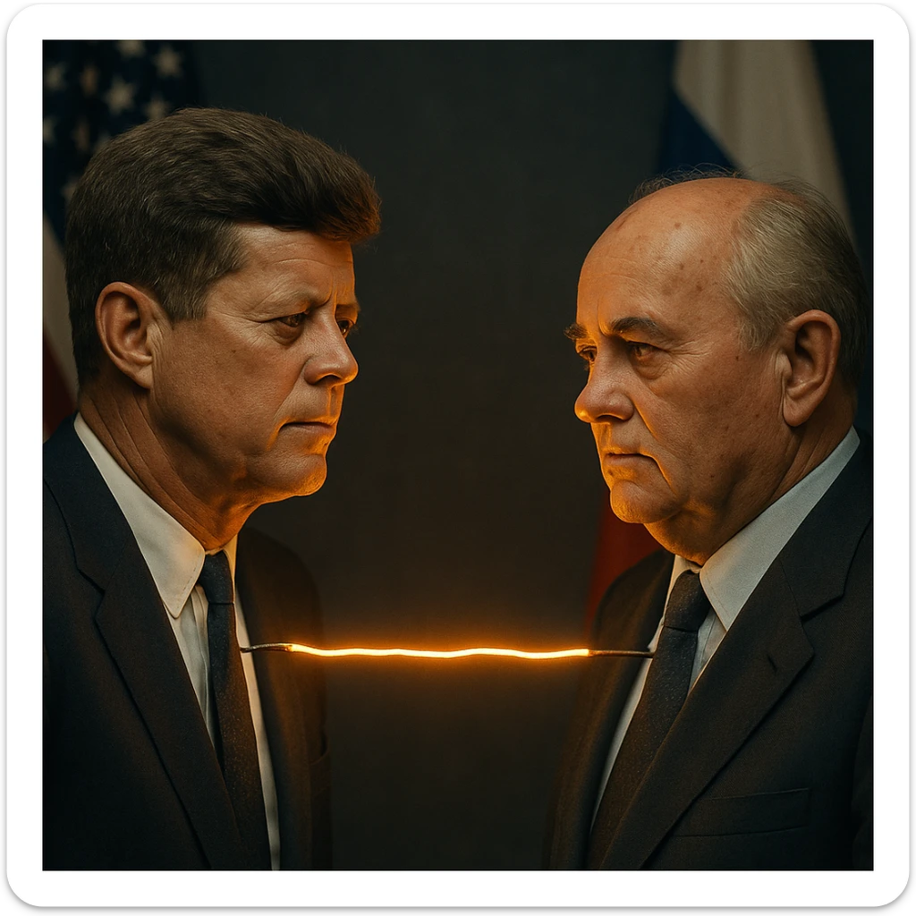 realistic portrait of John F. Kennedy and Mikhail Gorbachev with a glowing hot wire between them, US and Russian flags, Cold War context sticker