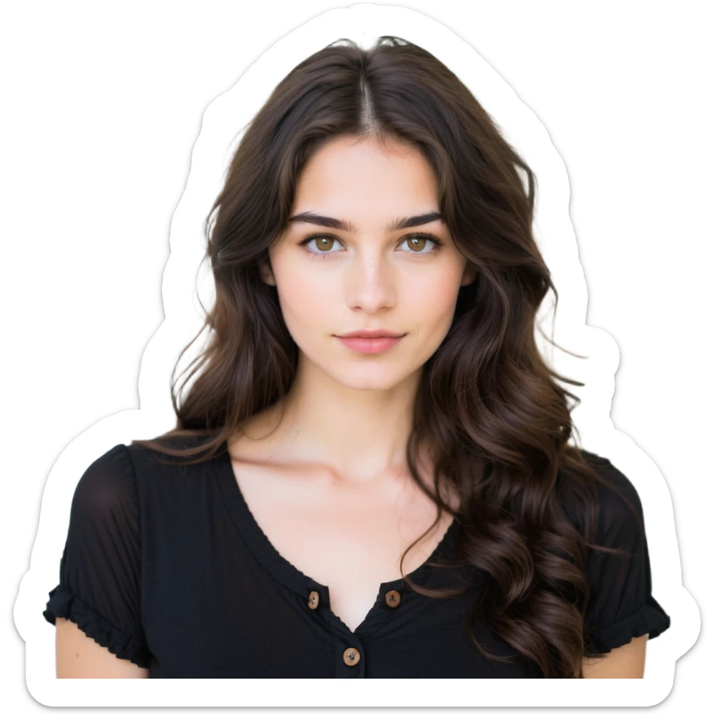 27 year old Caucasian woman with fair skin, brown eyes, long wavy dark brown hair, wearing a black top with a button sticker