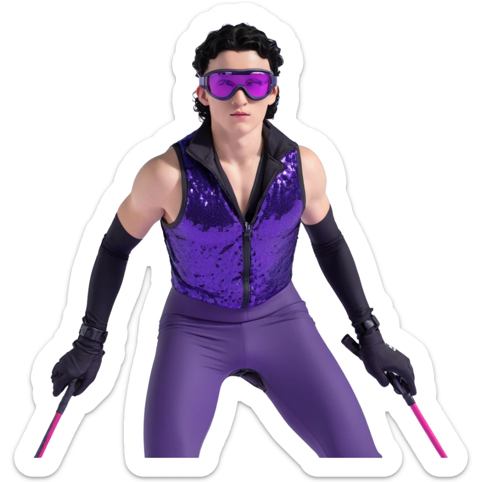male athlete with white skin and moderately curly black hair on top with shaved sides, wearing ski goggles with purple frames and very dark black lenses, a simple plain black chain necklace, and a completely unzipped sleeveless vest with purple and black sequin fire pattern design, fully revealing his chest, shoulders and arms, no earrings sticker