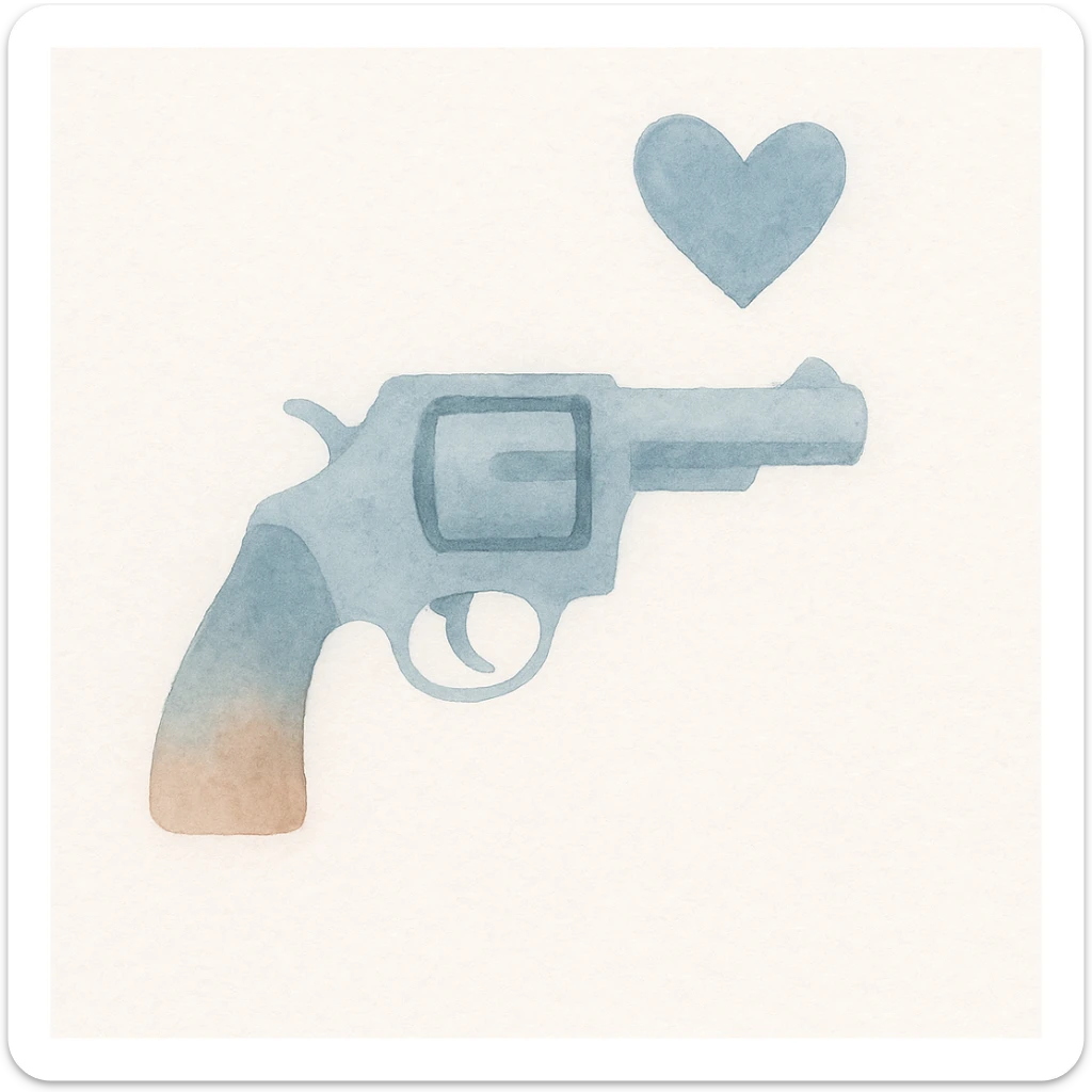 blue heart pistol, watercolor art style, soft edges, gentle color blending sticker