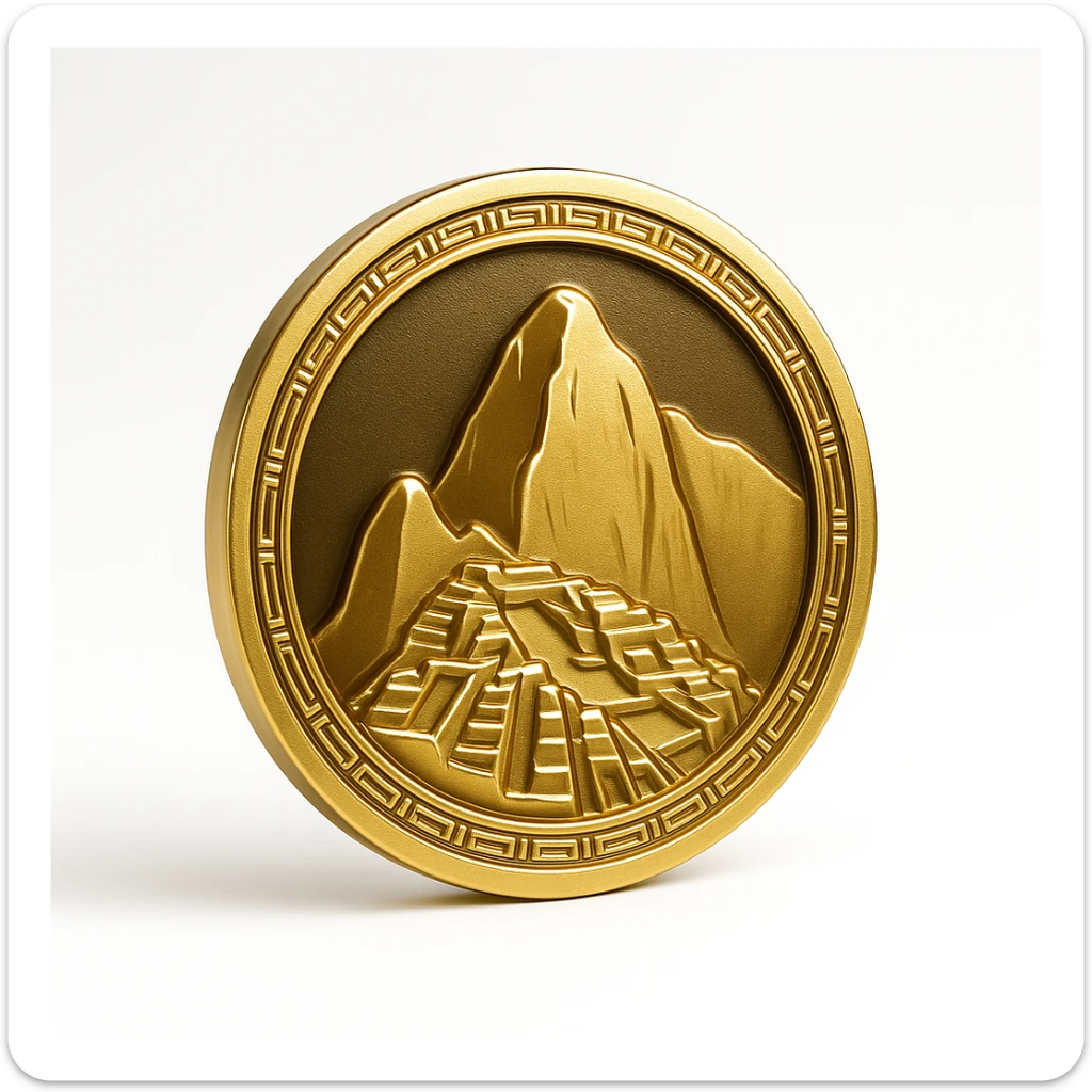 minimalist circular Machu Picchu logo, simple mountain outline, gold and black, clean lines, modern branding feel sticker