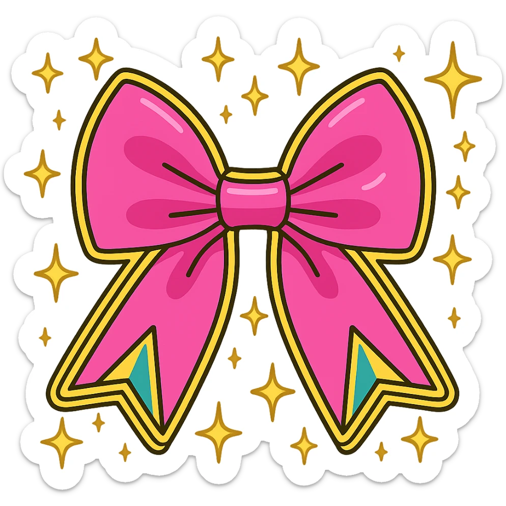 Add a shiny gold outline to the sparkly pink bow with stars, keep the background transparent. sticker
