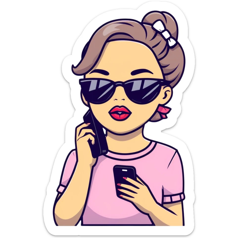 Girl with huge lips, sunglasses, bow on her hair, holding a phone with attitude sticker