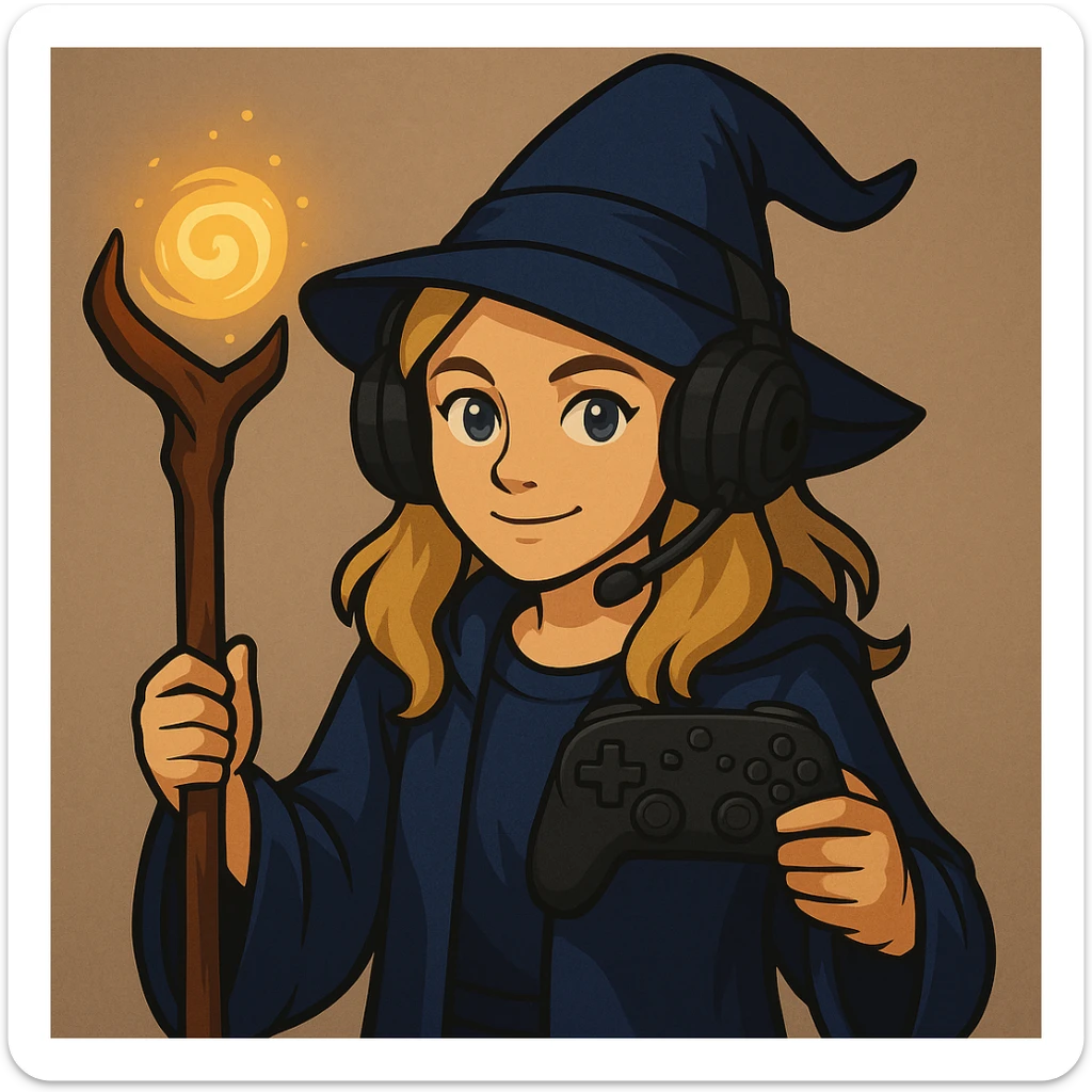 Make the girl wizard have blond hair, blue eyes, and a dark blue outfit. She is a gamer with a magic staff and game controller, wearing a wizard hat and headphones. Keep the gaming and magical theme consistent. sticker