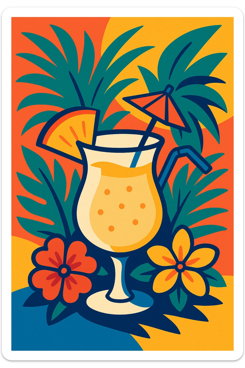 pina colada with palm leaves and tropical flowers, festive, colorful, party mood sticker