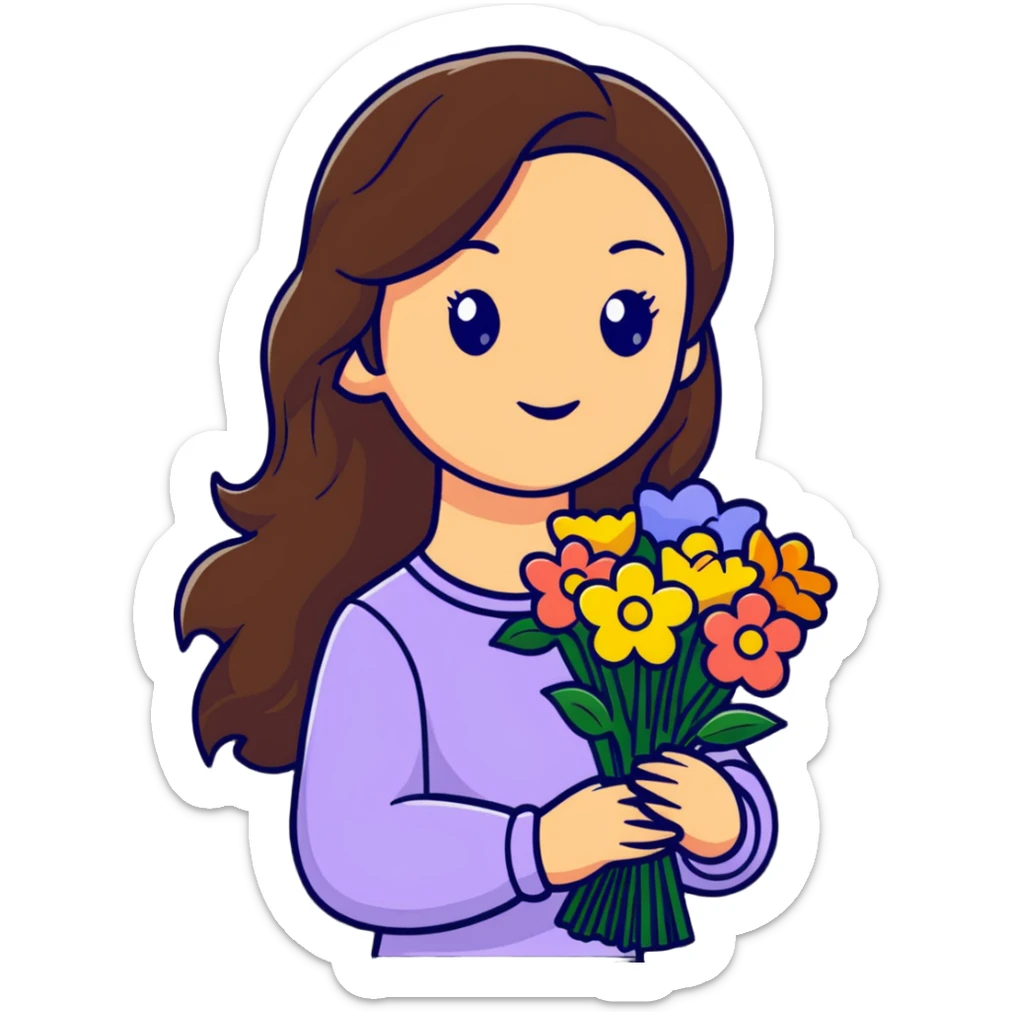 A cool girl with long brown hair and fair skin holding a bouquet of flowers sticker
