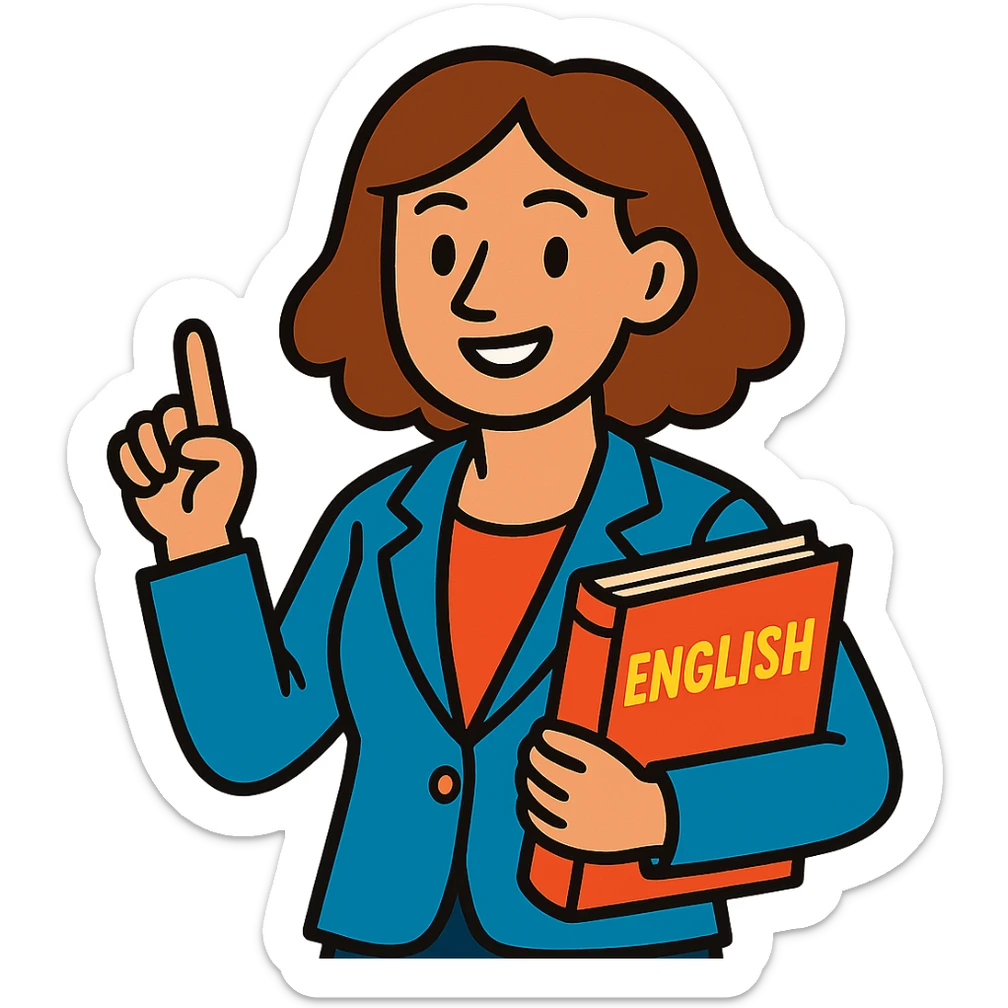 woman English teacher with brown hair, holding a book, vibrant toon style sticker