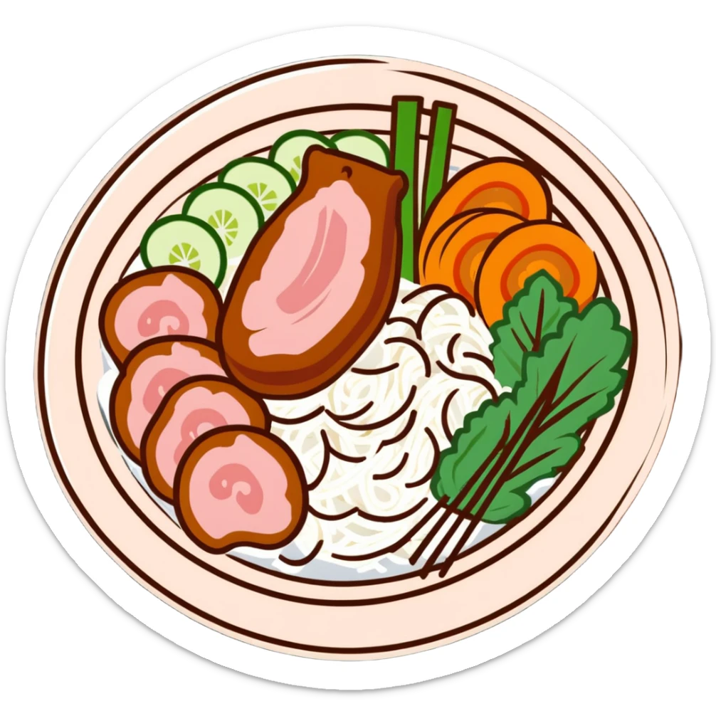 A Vietnamese Bún Thịt Nướng dish with rice noodles, grilled pork, fresh herbs, and vegetables in a bowl sticker