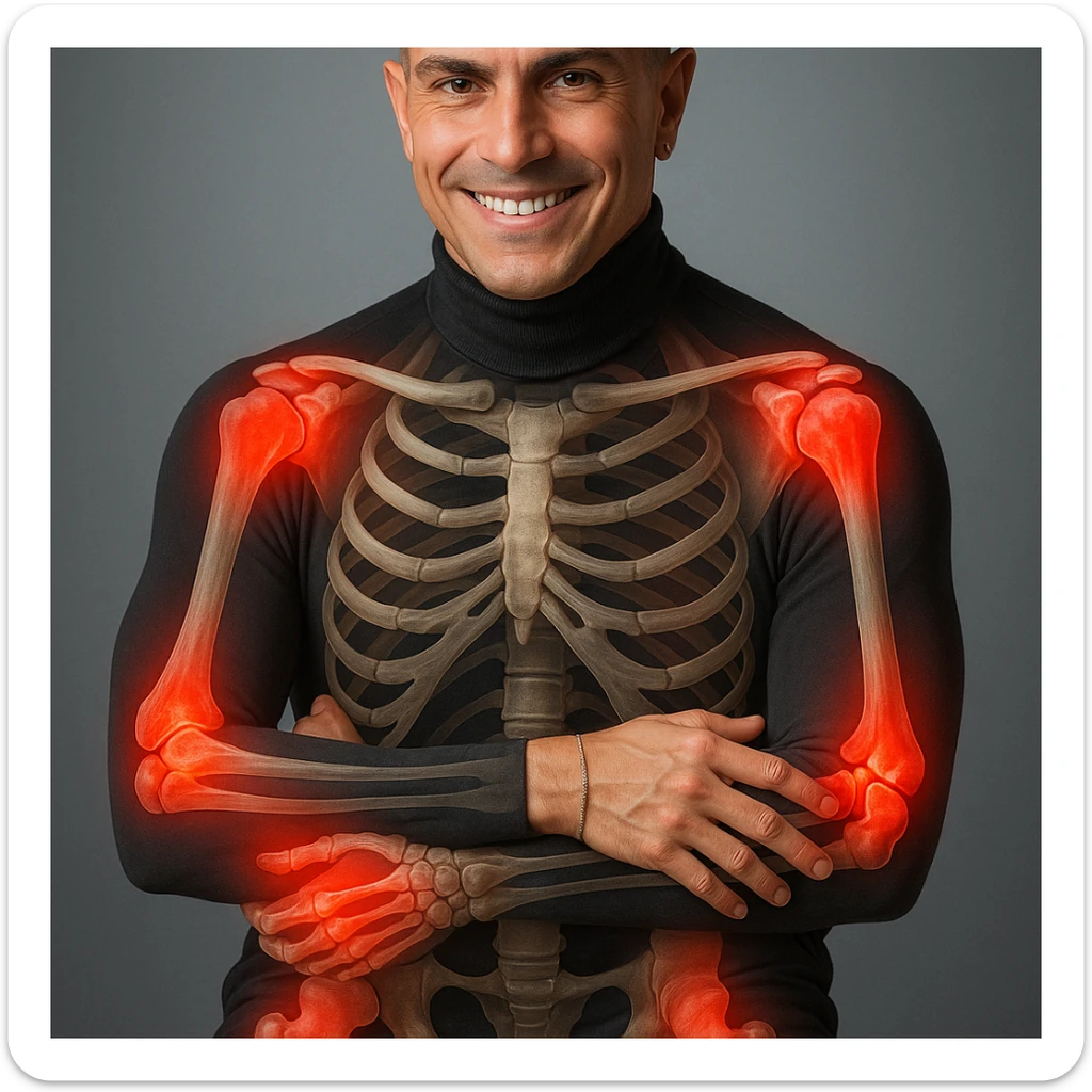 Create a series of 5 vertical images of a man (reference photo) with widespread joint pain, highlighting inflammation with an anatomical view. Show red zones on the joints, medical style, anatomical details, hyperrealism, variation 4. sticker