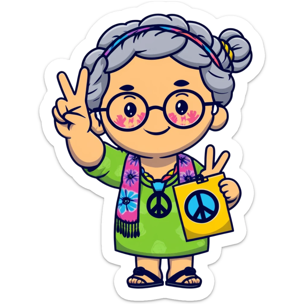 hippie grandma with round glasses, peace sign, tie-dye shirt, grey hair in braids sticker