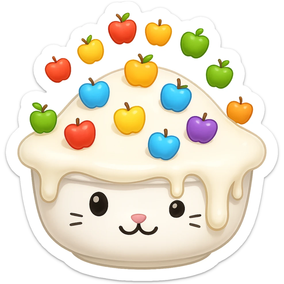 Replace the food in the cute cat food bowl with milk, the bowl is overflowing with milk, keep the adorable cat food bowl style and apple emoji style, no background. sticker